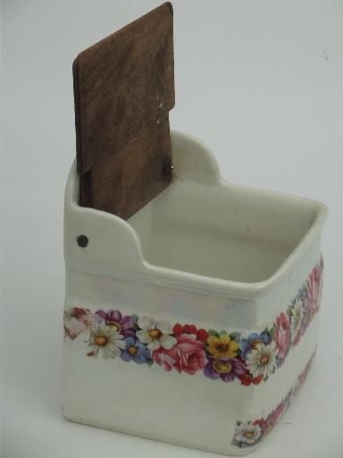 photo of antique Czech china salt box, shabby old porcelain wall box w/ wood lid #7