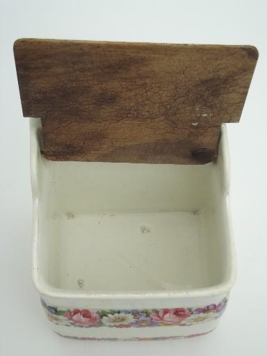 photo of antique Czech china salt box, shabby old porcelain wall box w/ wood lid #8