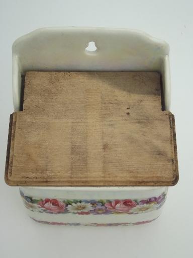 photo of antique Czech china salt box, shabby old porcelain wall box w/ wood lid #9