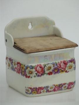 catalog photo of antique Czech china salt box, shabby old porcelain wall box w/ wood lid