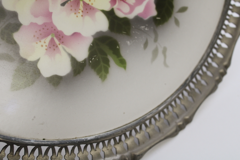 photo of antique Dutch or German ceramic plate serving tray w/ pewter rim, turn of the century vintage  #2