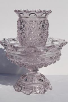 catalog photo of antique EAPG Belmont daisy and button open lace edge glass compote & flower vase