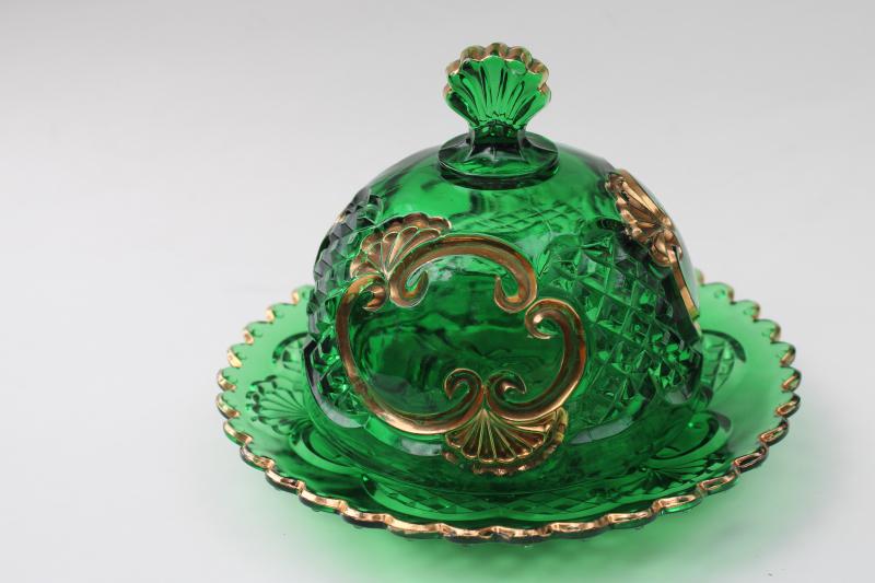 photo of antique EAPG Croesus pattern gold emerald green glass round covered butter dish #1