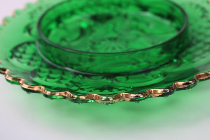 photo of antique EAPG Croesus pattern gold emerald green glass round covered butter dish #5