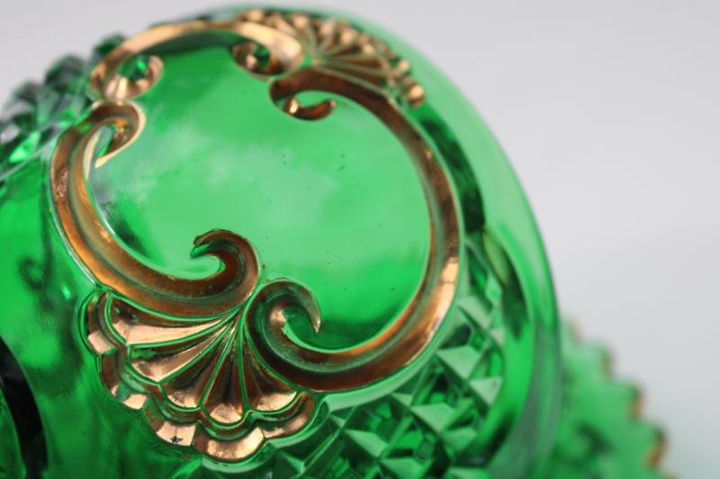 photo of antique EAPG Croesus pattern gold emerald green glass round covered butter dish #6