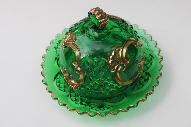 photo of antique EAPG Croesus pattern gold emerald green glass round covered butter dish #7