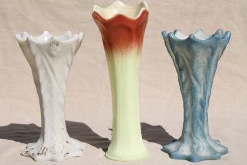 catalog photo of antique EAPG aesthetic natural form tree bark log vases, ivory custard glass