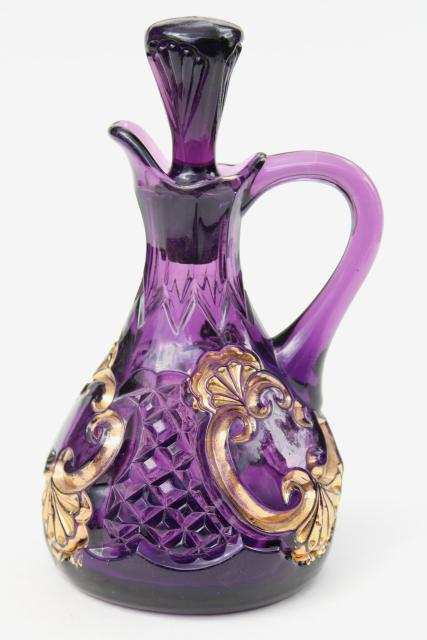 photo of antique EAPG amethyst purple & gold glass cruet bottle, Croesus 1890s vintage #3