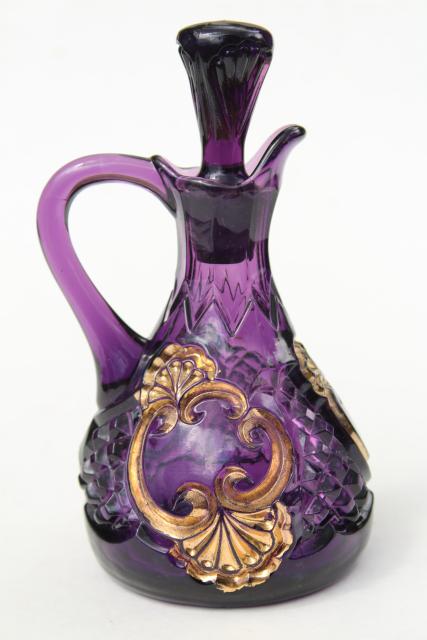 photo of antique EAPG amethyst purple & gold glass cruet bottle, Croesus 1890s vintage #5