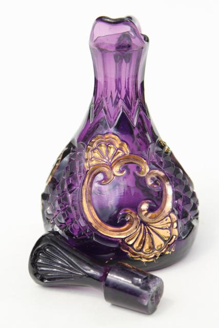 photo of antique EAPG amethyst purple & gold glass cruet bottle, Croesus 1890s vintage #6