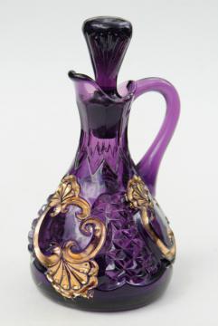 catalog photo of antique EAPG amethyst purple & gold glass cruet bottle, Croesus 1890s vintage