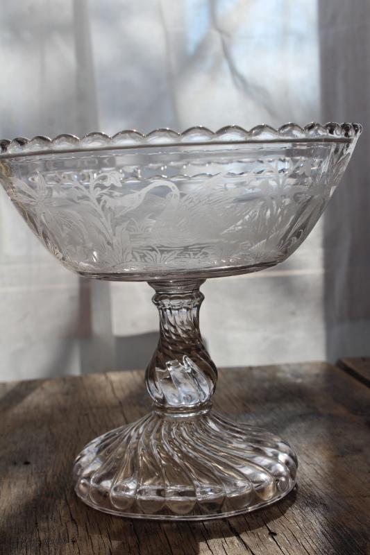photo of antique EAPG compote, feeding swan etched or crystal print pattern pressed glass #1