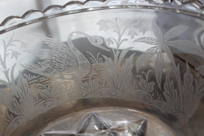 photo of antique EAPG compote, feeding swan etched or crystal print pattern pressed glass #2