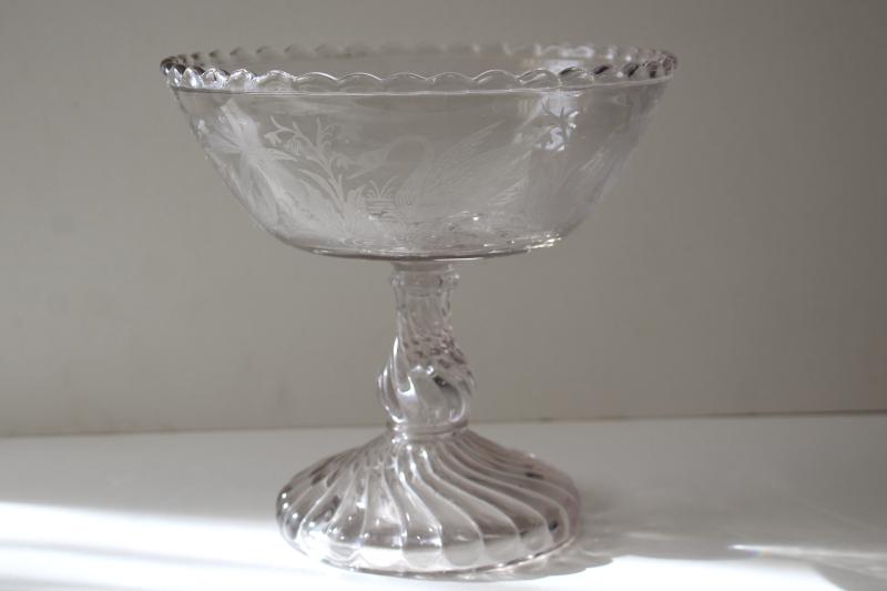 photo of antique EAPG compote, feeding swan etched or crystal print pattern pressed glass #6