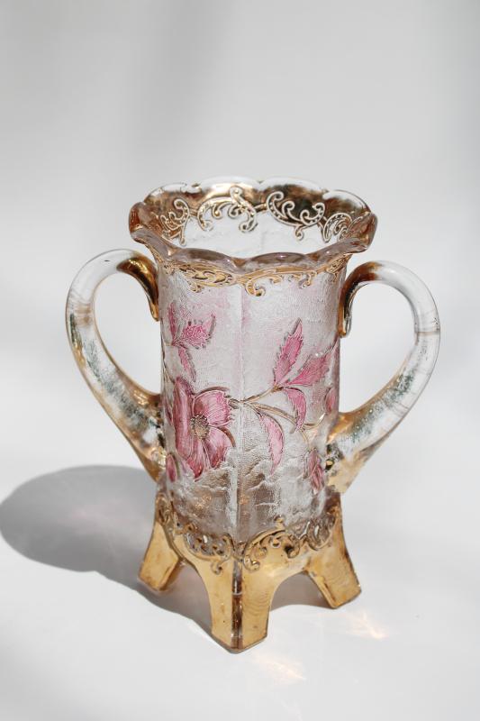 photo of antique EAPG floradora pattern glass spooner or vase, red stain flowers & gold #1