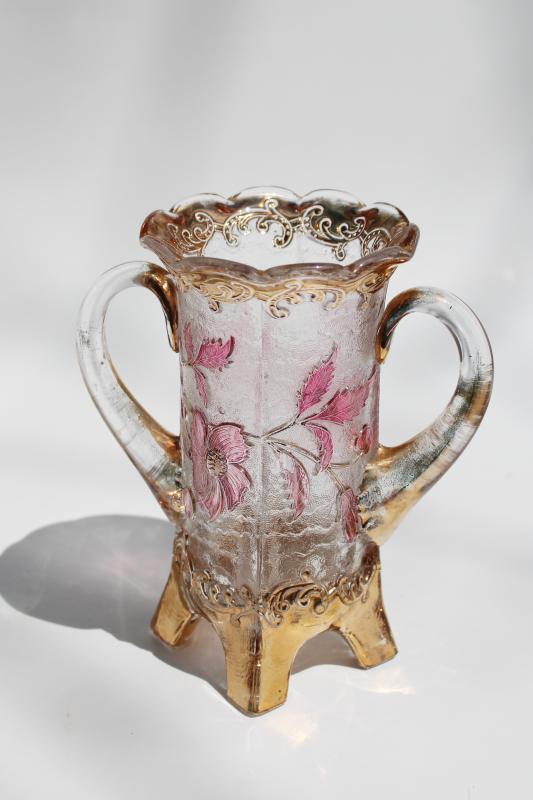 photo of antique EAPG floradora pattern glass spooner or vase, red stain flowers & gold #7