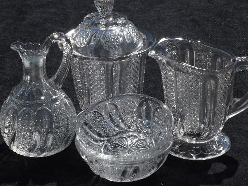 photo of antique EAPG glass table set, cream & sugar, cruet, condiment bowls #1