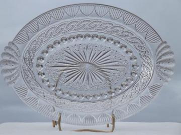 catalog photo of antique EAPG glass tray or platter, chain & shield pattern w/ fan handles