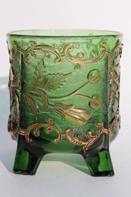 photo of antique EAPG green glass celery vase Floradora pattern pressed glass bohemian gold #1