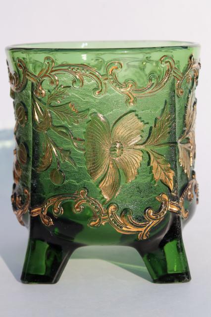 photo of antique EAPG green glass celery vase Floradora pattern pressed glass bohemian gold #2