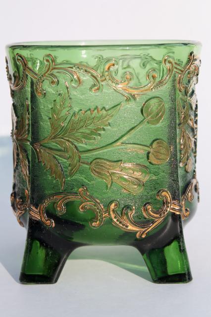 photo of antique EAPG green glass celery vase Floradora pattern pressed glass bohemian gold #3