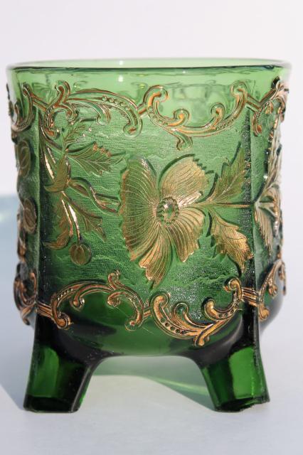 photo of antique EAPG green glass celery vase Floradora pattern pressed glass bohemian gold #4