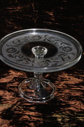 photo of antique EAPG pressed glass cake stand, stippled dahlia pattern sandwich glass plate #3