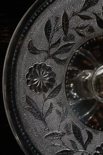 photo of antique EAPG pressed glass cake stand, stippled dahlia pattern sandwich glass plate #8