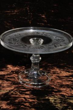 catalog photo of antique EAPG pressed glass cake stand, stippled dahlia pattern sandwich glass plate