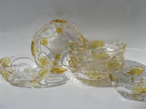 photo of antique EAPG pressed pattern glass fruit bowls, canary yellow stain #1