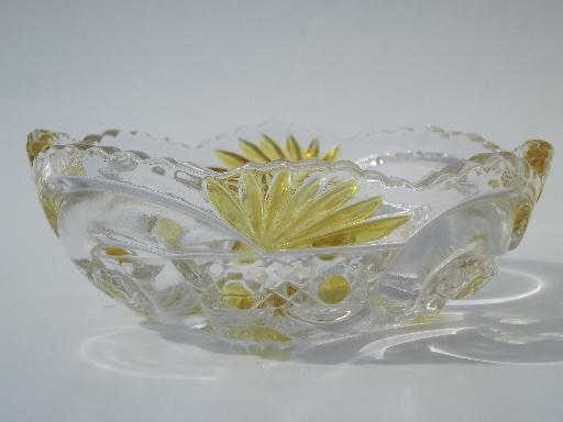 photo of antique EAPG pressed pattern glass fruit bowls, canary yellow stain #4