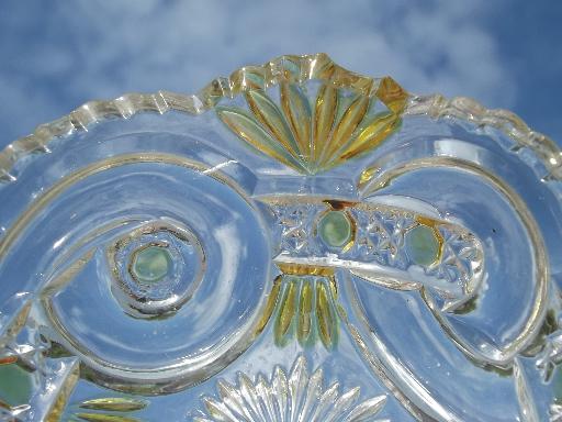 photo of antique EAPG pressed pattern glass fruit bowls, canary yellow stain #7