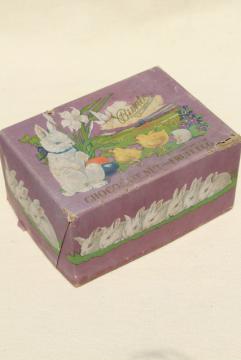 catalog photo of antique Easter egg candy container, early 1900s vintage chocolate box holiday graphics