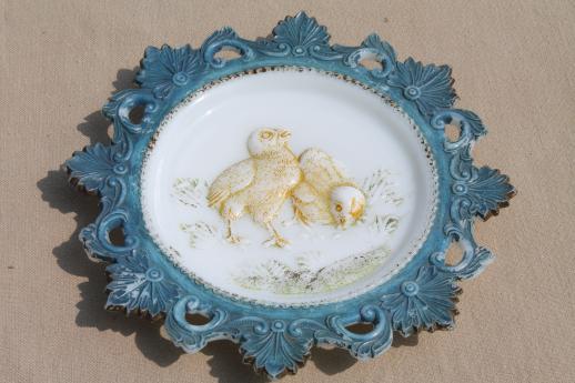 photo of antique Easter milk glass rabbit & baby chicks lace edge plates, vintage holiday decorations #3