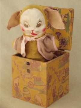 catalog photo of antique Easter toy, vintage jack in the box w/ Easter bunny rabbit doll 