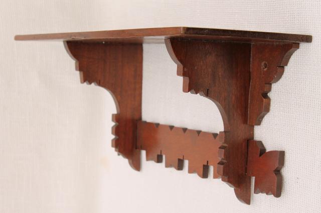 photo of antique Eastlake style carved walnut wood fretwork shelf, mantel clock wall bracket  #3