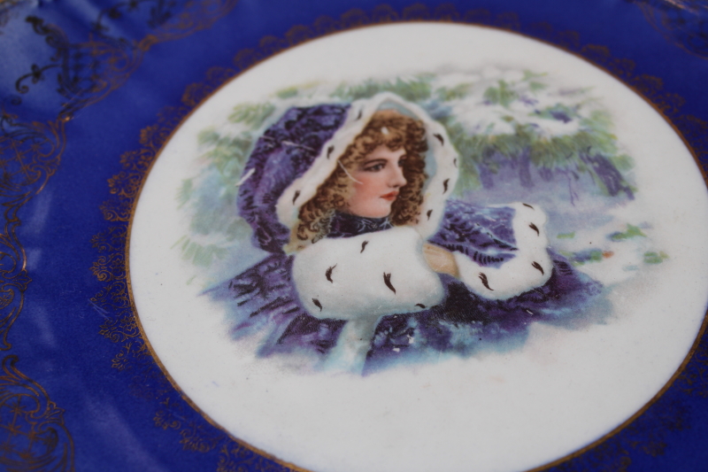 photo of antique Empire china portrait plate, snow lady in fur trimmed velvet cloak #2