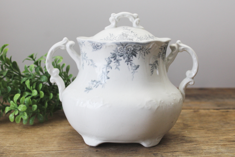 photo of antique England Brownhills Pottery ironstone sugar or biscuit jar, blue grey transferware china  #1