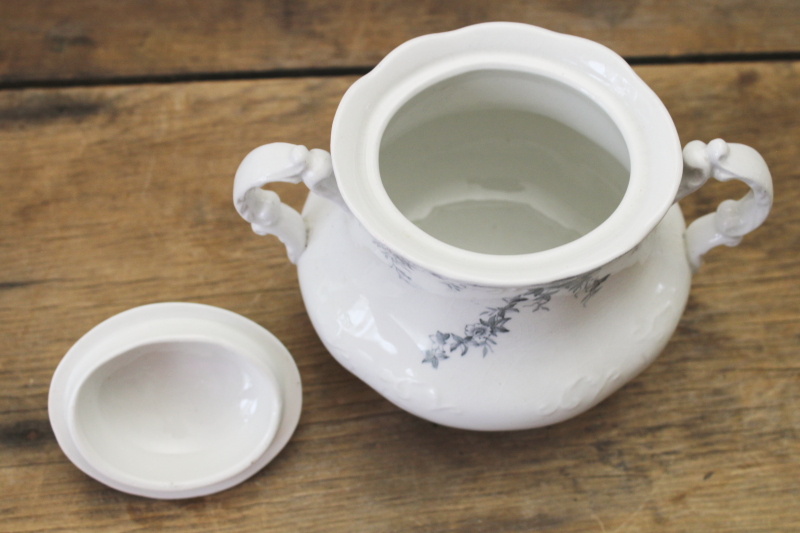 photo of antique England Brownhills Pottery ironstone sugar or biscuit jar, blue grey transferware china  #3