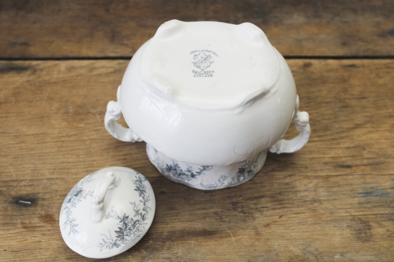 photo of antique England Brownhills Pottery ironstone sugar or biscuit jar, blue grey transferware china  #4