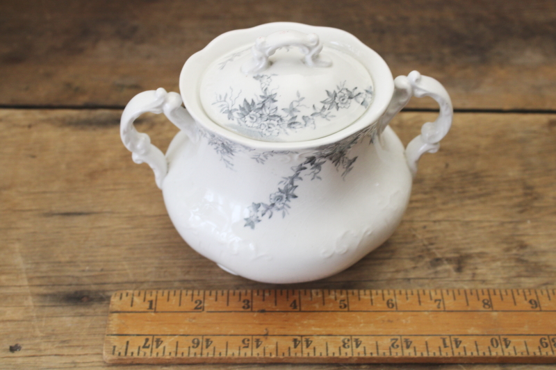 photo of antique England Brownhills Pottery ironstone sugar or biscuit jar, blue grey transferware china  #6
