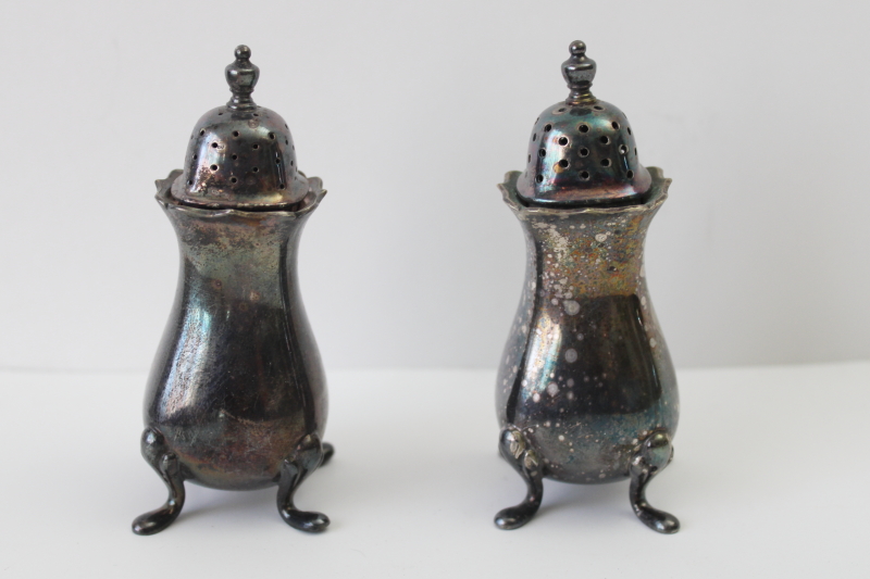 photo of antique England silver plated salt & pepper shakers, regency style paw footed shape  #1