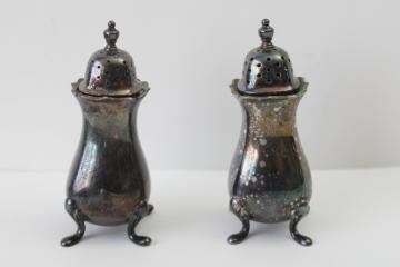 catalog photo of antique England silver plated salt & pepper shakers, regency style paw footed shape 