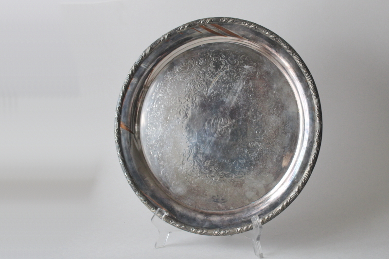 photo of antique English Sheffield plate tray silver over copper, round tray w/ ornate CCC monogram turn of the century  #1