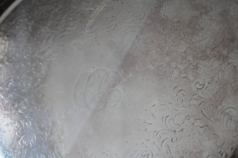 photo of antique English Sheffield plate tray silver over copper, round tray w/ ornate CCC monogram turn of the century #3