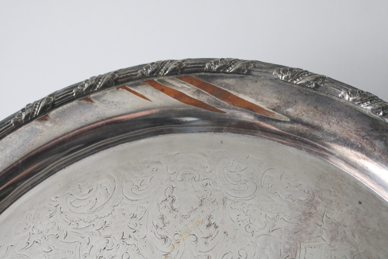 photo of antique English Sheffield plate tray silver over copper, round tray w/ ornate CCC monogram turn of the century #4