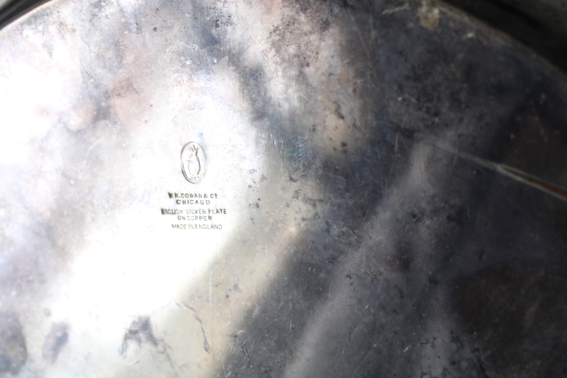 photo of antique English Sheffield plate tray silver over copper, round tray w/ ornate CCC monogram turn of the century #7