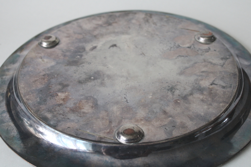 photo of antique English Sheffield plate tray silver over copper, round tray w/ ornate CCC monogram turn of the century #8