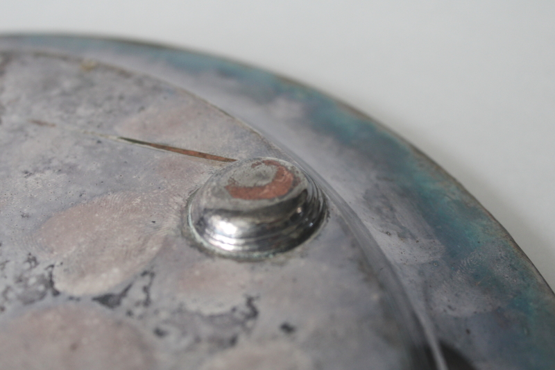 photo of antique English Sheffield plate tray silver over copper, round tray w/ ornate CCC monogram turn of the century #9