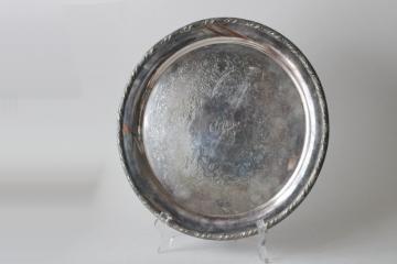 catalog photo of antique English Sheffield plate tray silver over copper, round tray w/ ornate CCC monogram turn of the century 